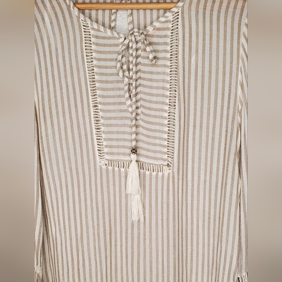 💚5/$25 Blue Island Beige & White Striped Topan Beach Tunic Tassel Boho Dress - Picture 2 of 8
